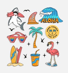 Surfing Theme Patches, Badges, Stickers. Vector Illustrations Of Sharks, Surfboards, Waves, Sunglasses, A Palm Tree And Flamingo.