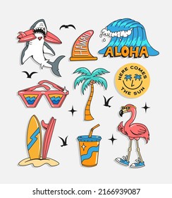 Surfing theme patches, badges, stickers. Vector illustrations of sharks, surfboards, waves, sunglasses, a palm tree and flamingo.