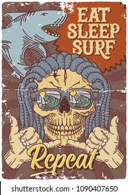 Surfing theme poster or t-shirt with hand drawn illustrations