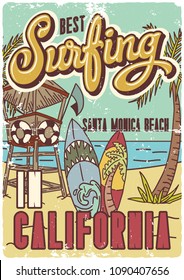 Surfing theme poster or t-shirt with hand drawn illustrations