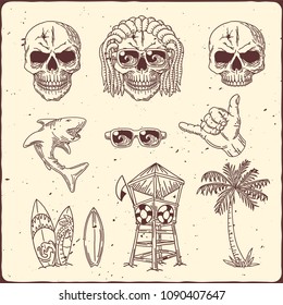 Surfing theme set with hand drawn skull, palm, shark, surfing boards