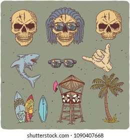 Surfing theme set with hand drawn skull, palm, shark, surfing boards