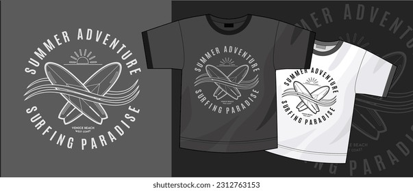 Surfing theme t shirt design. Summer adventure and surfing paradise typography, surfboards and waves.