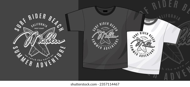 Surfing theme t shirt design. Summer adventure and surf rider beach typography, surfboards and Malibu lettering.