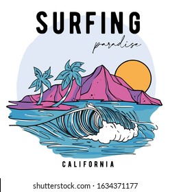 Surfing theme text with waves, palm trees, sun vector illustrations. For t-shirt prints and other uses.