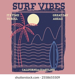 Surfing theme text with waves, palm trees, sun vector illustrations. For t-shirt prints and other uses.