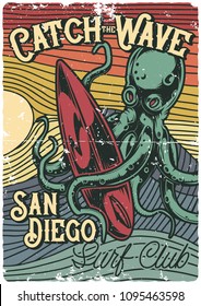 Surfing theme t-shirt or poster design with octopus and surfing board