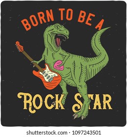 Surfing theme t-shirt or poster design with tyrannosaurus playing on electric guitar