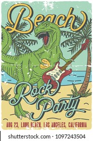 Surfing theme t-shirt or poster design with tyrannosaurus playing on electric guitar