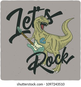 Surfing theme t-shirt or poster design with tyrannosaurus playing on electric guitar