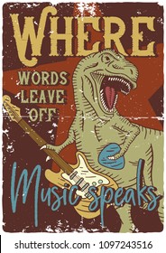 Surfing theme t-shirt or poster design with tyrannosaurus playing on electric guitar