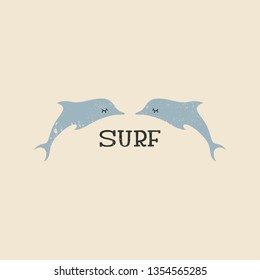 Surfing theme, t-shirt or poster print with hand drawn dolphins couple and surf lettering, cut out text, vector EPS