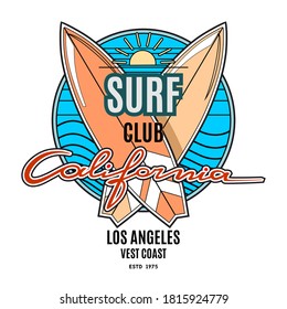 Surfing theme  vintage logo template . Emblem in retro style for surf club , shop or t shirt print. Surfboards, waves, sun and hand drawn lettering California.