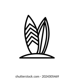 Surfing thin line icon, two surfboards in sand. Modern vector illustration of summer sport.