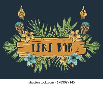 Surfing tiki mask hawaii surf for trendy bar. Traditional ethnic surfing of hawaiian, maori or polynesian. Design old tribal board