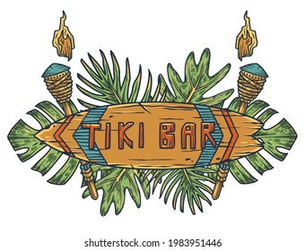 Surfing tiki mask hawaii surf for trendy bar. Traditional ethnic surfing of hawaiian, maori or polynesian. Design old tribal board