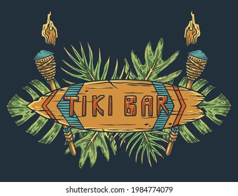 Surfing tiki mask hawaii surf for trendy bar. Traditional ethnic surfing of hawaiian, maori or polynesian. Design old tribal board