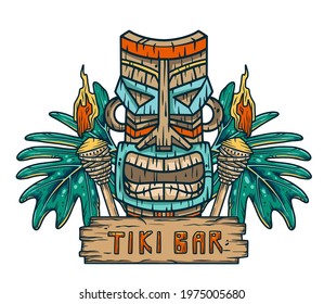 Surfing tiki mask hawaii wooden tiki mask for trendy bar. Traditional ethnic idol and hawaiian surf, maori or polynesian. Design old tribal totem