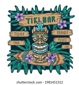 Surfing tiki mask hawaii wooden tiki mask for trendy bar. Traditional ethnic idol and hawaiian surf, maori or polynesian. Design old tribal totem