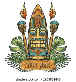 Surfing Tiki Mask Hawaii Wooden Tiki Mask For Trendy Bar. Traditional Ethnic Idol And Hawaiian Surf, Maori Or Polynesian. Design Old Tribal Totem