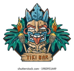 Surfing tiki mask hawaii wooden tiki mask for trendy bar. Traditional ethnic idol and hawaiian surf, maori or polynesian. Design old tribal totem