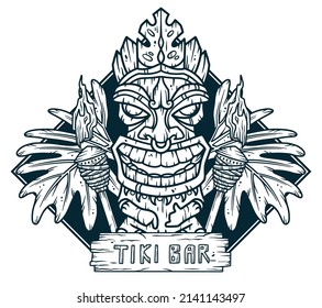 Surfing tiki mask hawaii wooden tiki mask for trendy bar. Traditional ethnic idol and hawaiian surf, maori or polynesian. Design old tribal totem