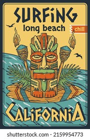 Surfing tiki mask on surf board. Summer poster with californian waves