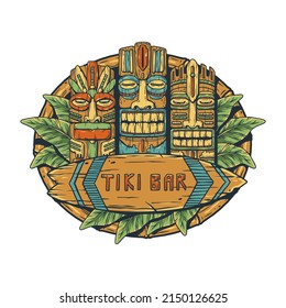 Surfing tiki mask with surf and tropical leavs for tiki bar. Exotic hawaii masks and surfboard for summer tropic beach