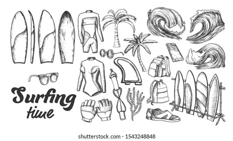 Surfing Time Collection Elements Ink Set Vector. Surfboard And Surfing Swimming Suit, Palms And Ocean Waves And Smartphone. Engraving Template Designed In Vintage Style Monochrome Illustrations