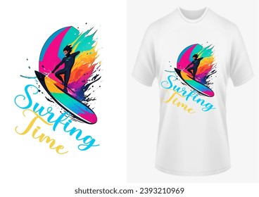 Surfing time, with colorful Surfboard stylish T-shirt trendy apparel, typography, print