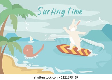Surfing time concept background. Rabbit is surfing on high waves, octopus swims in water. Cute pets have active rest on seaside resort at tropical island. Vector illustration in flat cartoon design