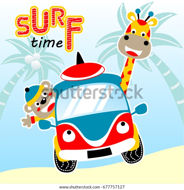 surfing time with cute animals, vector\
cartoon illustration