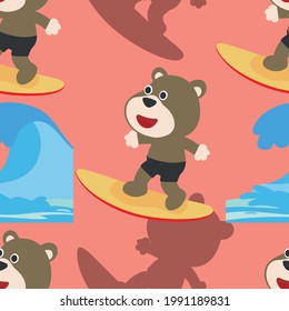 Surfing time with cute little bear at summer. Seamless pattern texture for fabric textile, nursery, baby clothes, background, textile, wrapping paper and other decoration.