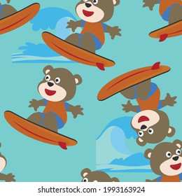 Surfing time with cute little bear at summer. Seamless pattern texture for fabric textile, nursery, baby clothes, background, textile, wrapping paper and other decoration.