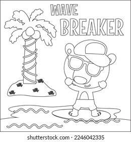 Tiempo de surf con un oso lindo en verano. Diseño infantil para niños animan libros o páginas coloreadas.