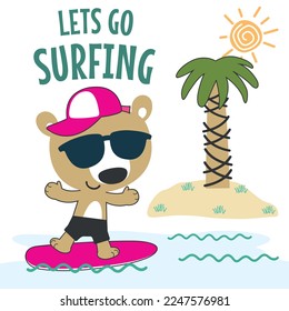 Surfing time with cute little bear at summer. Can be used for t-shirt printing, children wear fashion designs, baby shower invitation cards and other decoration.