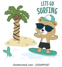 Surfing time with cute little bear at summer. Can be used for t-shirt printing, children wear fashion designs, baby shower invitation cards and other decoration.