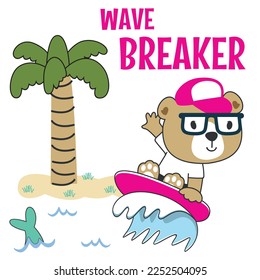 Surfing time with cute little bear at summer. Can be used for t-shirt printing, children wear fashion designs, baby shower invitation cards and other decoration.