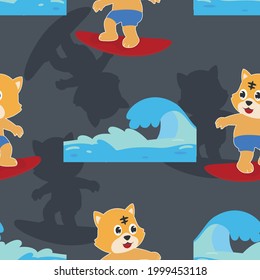 Surfing time with cute little cat at summer. Seamless pattern texture for fabric textile, nursery, baby clothes, background, textile, wrapping paper and other decoration.
