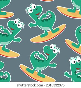 Surfing time with cute little dinosaurs at summer. Seamless pattern texture for fabric textile, nursery, baby clothes, background, textile, wrapping paper and other decoration.