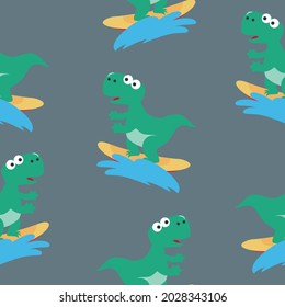 Surfing time with cute little dinosaurs at summer. Seamless pattern texture for fabric textile, nursery, baby clothes, background, textile, wrapping paper and other decoration.