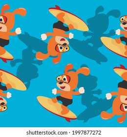 Surfing time with cute little dog at summer. Seamless pattern texture for fabric textile, nursery, baby clothes, background, textile, wrapping paper and other decoration.