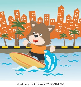 Surfing time with cute little fox at summer. Can be used for t-shirt printing, children wear fashion designs, baby shower invitation cards and other decoration. 