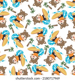 Surfing time with cute little fox at summer. Seamless pattern texture for fabric textile, nursery, baby clothes, background, textile, wrapping paper and other decoration.