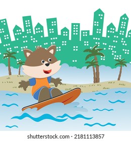 Surfing time with cute little fox at summer. Can be used for t-shirt printing, children wear fashion designs, baby shower invitation cards and other decoration.