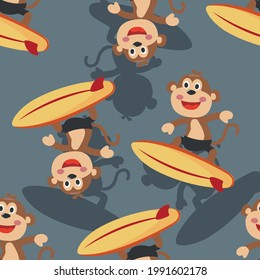 Surfing time with cute little monkey at summer. Seamless pattern texture for fabric textile, nursery, baby clothes, background, textile, wrapping paper and other decoration.