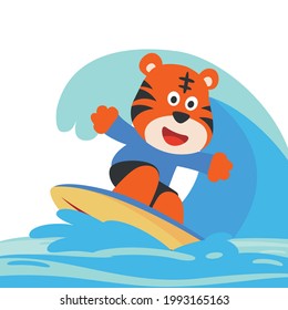 Surfing time with cute little tiger at summer. Can be used for t-shirt printing, children wear fashion designs, baby shower invitation cards and other decoration. 