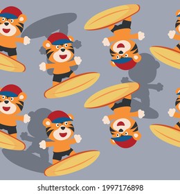 Surfing time with cute little tiger at summer. Seamless pattern texture for fabric textile, nursery, baby clothes, background, textile, wrapping paper and other decoration.