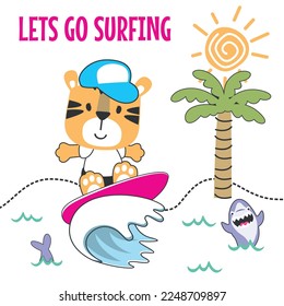 Surfing time with cute little tiger at summer. Can be used for t-shirt printing, children wear fashion designs, baby shower invitation cards and other decoration.