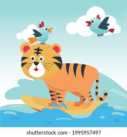 Surfing time with cute tiger at summer. Can be used for t-shirt printing, children wear fashion designs, baby shower invitation cards and other decoration. 